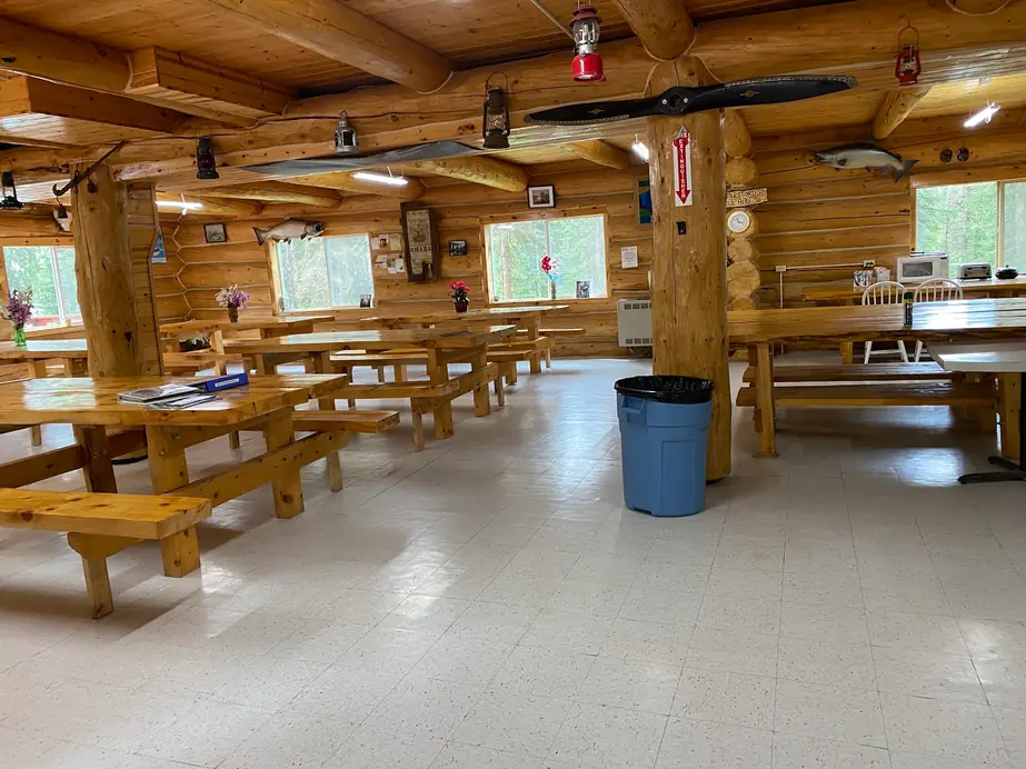 The log dining hall with handmade tables